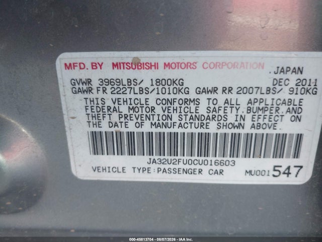 Aukcja sprzedaży 2012 Mitsubishi Lancer Es, vin: JA32U2FU0CU016603, numer aukcji: 45813704