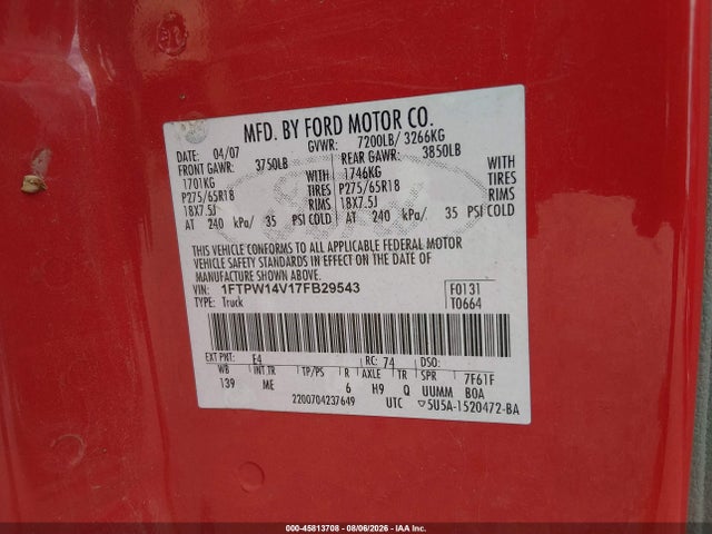 Продаж на аукціоні авто 2007 Ford F-150 Fx4/lariat/xlt, vin: 1FTPW14V17FB29543, номер лоту: 45813708