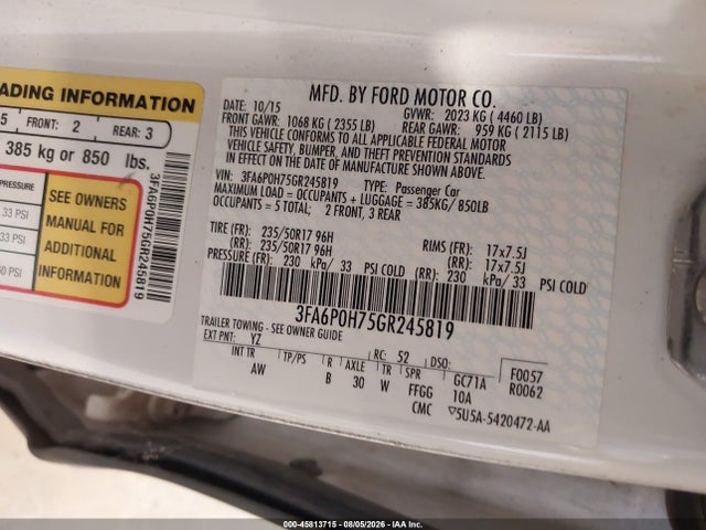 Ford FUSION SE 2016 3FA6P0H75GR245819 Image 9