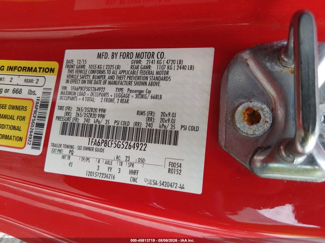 Auction sale of the 2016 Ford Mustang Gt Premium, vin: 1FA6P8CF5G5264922, lot number: 45813719