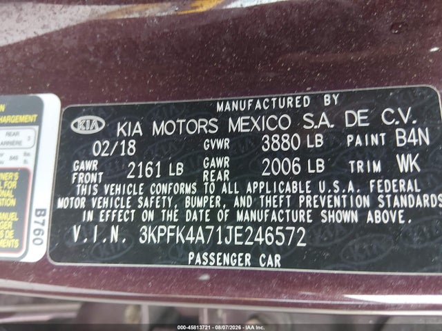 Продажа на аукционе авто 2018 Kia Forte Lx, vin: 3KPFK4A71JE246572, номер лота: 45813721