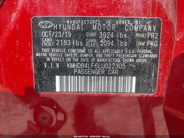 45813728 :رقم المزاد ، KMHD84LF6LU022305 vin ، 2020 Hyundai Elantra Sel مزاد بيع