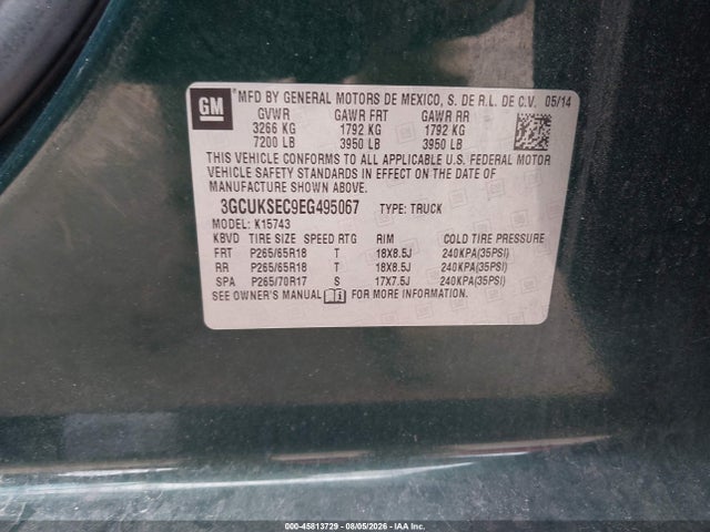 45813729 :رقم المزاد ، 3GCUKSEC9EG495067 vin ، 2014 Chevrolet Silverado 1500 Ltz مزاد بيع