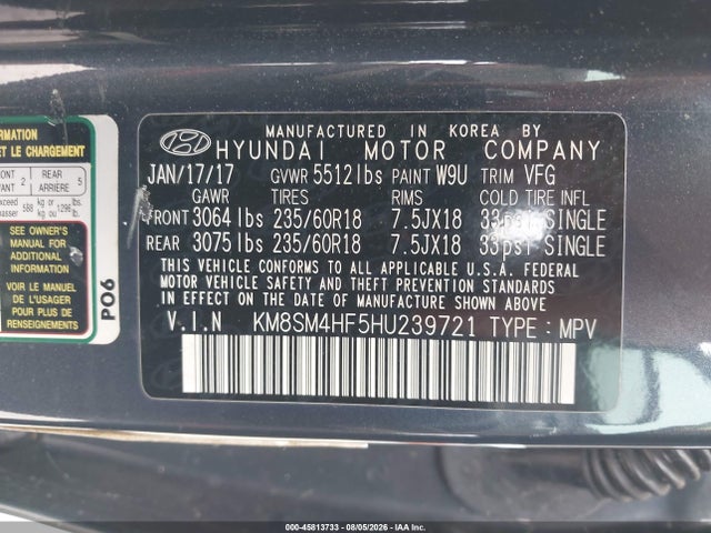 2017 Hyundai Santa Fe Se მანქანა იყიდება აუქციონზე, vin: KM8SM4HF5HU239721, აუქციონის ნომერი: 45813733