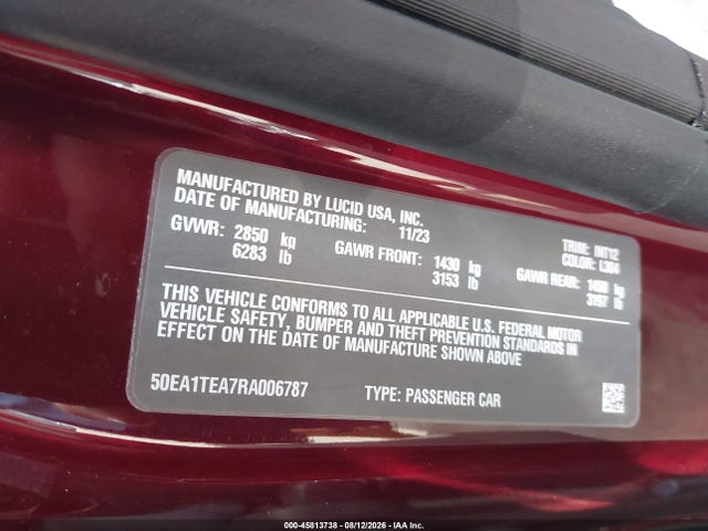 45813738 :رقم المزاد ، 50EA1TEA7RA006787 vin ، 2024 Lucid Air Touring مزاد بيع