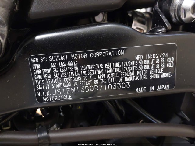 45813740 :رقم المزاد ، JS1EM13B0R7103303 vin ، 2024 Suzuki Gsx800 F مزاد بيع