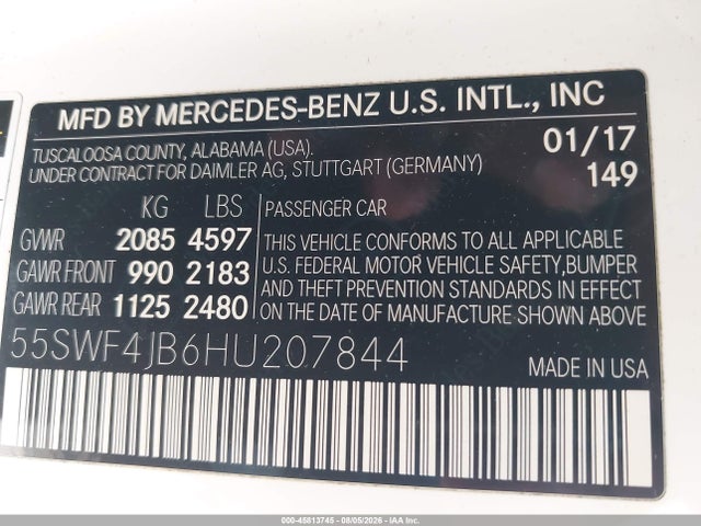45813745 :رقم المزاد ، 55SWF4JB6HU207844 vin ، 2017 Mercedes-benz C 300 مزاد بيع