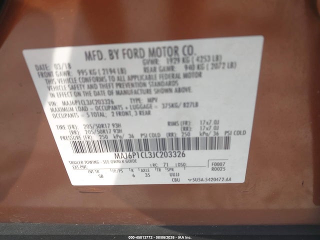 45813772 :رقم المزاد ، MAJ6P1CL3JC203326 vin ، 2018 Ford Ecosport Ses مزاد بيع