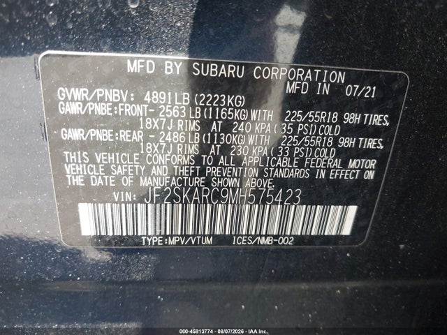 Aukcja sprzedaży 2021 Subaru Forester Sport, vin: JF2SKARC9MH575423, numer aukcji: 45813774