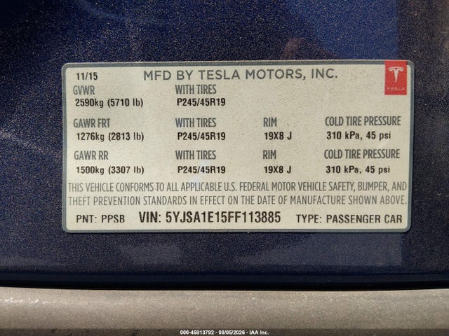45813792 :رقم المزاد ، 5YJSA1E15FF113885 vin ، 2015 Tesla Model S 60/70/85 مزاد بيع