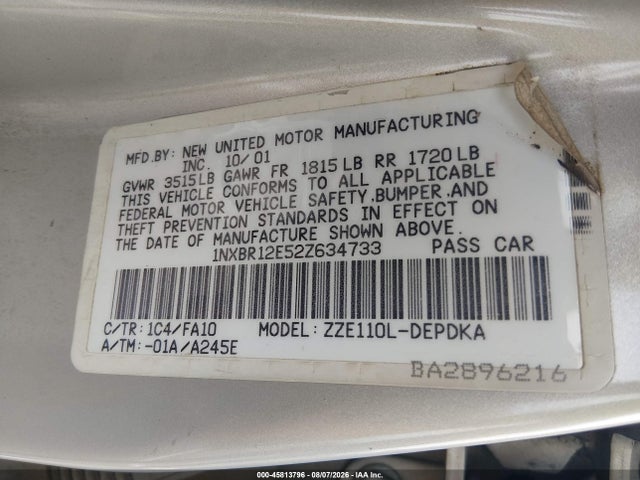 Продаж на аукціоні авто 2002 Toyota Corolla Le, vin: 1NXBR12E52Z634733, номер лоту: 45813796