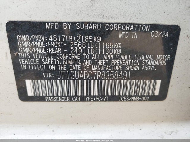Продаж на аукціоні авто 2024 Subaru Impreza Base 5-door, vin: JF1GUABC7R8358491, номер лоту: 45813815