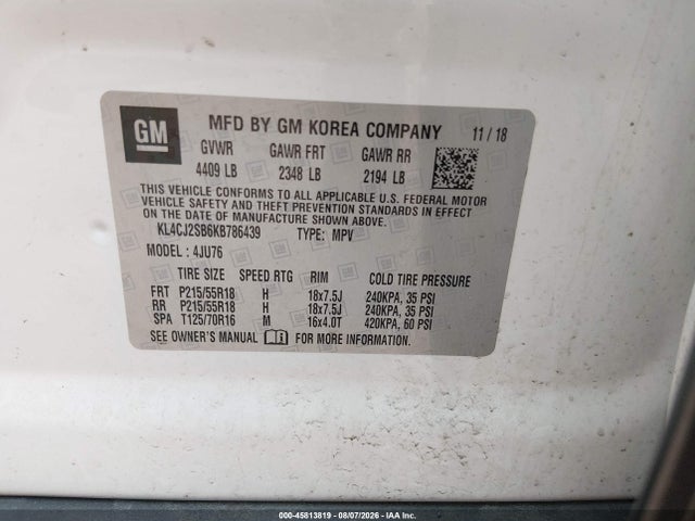 45813819 :رقم المزاد ، KL4CJ2SB6KB786439 vin ، 2019 Buick Encore Awd Sport Touring مزاد بيع