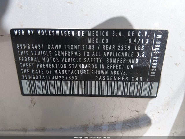 Aukcja sprzedaży 2013 Volkswagen Jetta Hybrid Sel Premium, vin: 3VW637AJ2DM297693, numer aukcji: 45813835