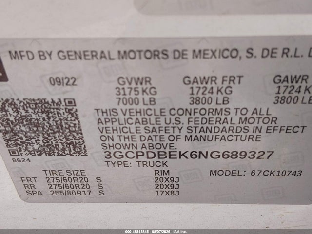 Aukcja sprzedaży 2022 Chevrolet Silverado 1500 4wd  Standard Bed Custom, vin: 3GCPDBEK6NG689327, numer aukcji: 45813845