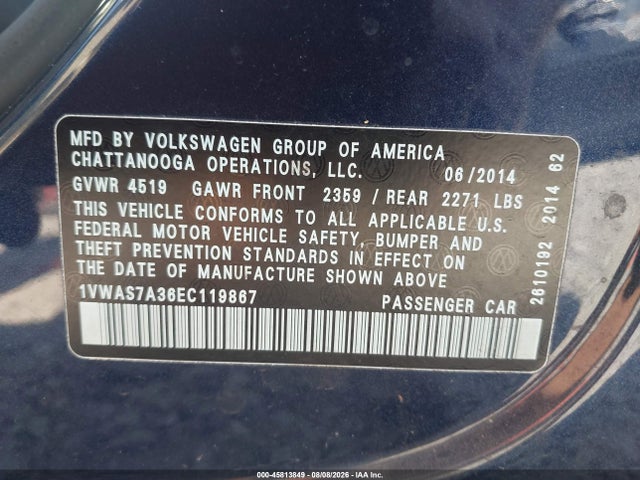 1VWAS7A36EC119867 Volkswagen Passat 1.8t Wolfsburg Edition
