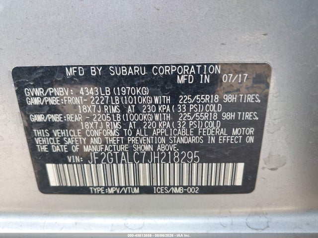 45813859 :رقم المزاد ، JF2GTALC7JH218295 vin ، 2018 Subaru Crosstrek 2.0i Limited مزاد بيع