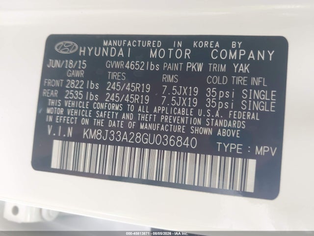 Aukcja sprzedaży 2016 Hyundai Tucson Sport, vin: KM8J33A28GU036840, numer aukcji: 45813871