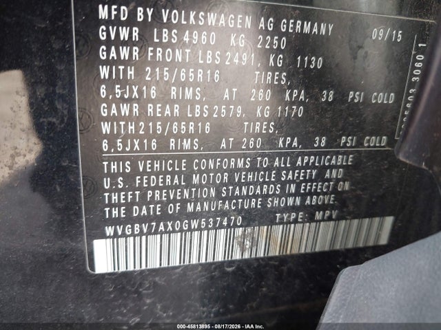 45813895 :رقم المزاد ، WVGBV7AX0GW537470 vin ، 2016 Volkswagen Tiguan S مزاد بيع
