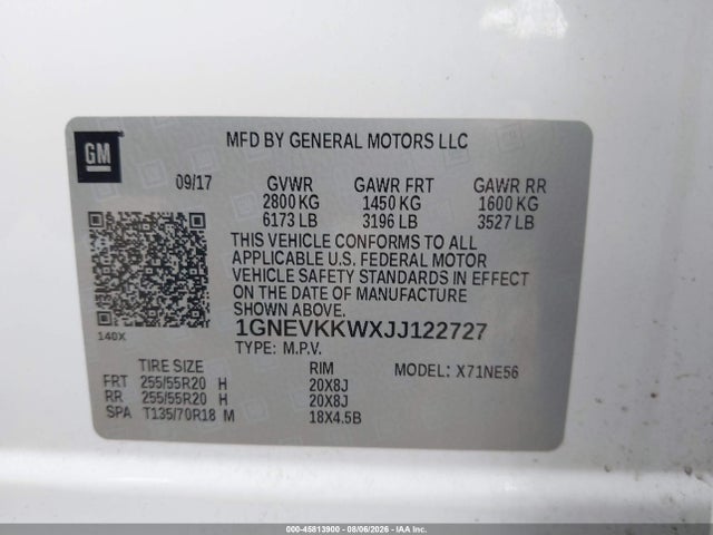45813900 :رقم المزاد ، 1GNEVKKWXJJ122727 vin ، 2018 Chevrolet Traverse High Country مزاد بيع