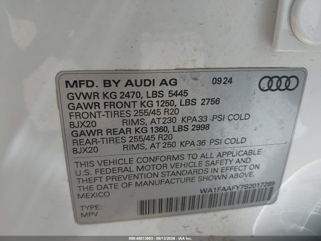 Продажа на аукционе авто 2025 Audi Q5 Prestige 45 Tfsi S Line Quattro S Tronic, vin: WA1FAAFY7S2017289, номер лота: 45813903
