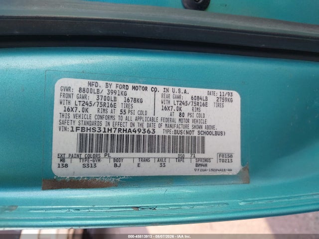 45813913 :رقم المزاد ، 1FBHS31H7RHA49363 vin ، 1994 Ford Econoline E350 Super Duty مزاد بيع