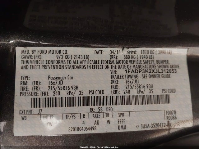 Продаж на аукціоні авто 2018 Ford Focus Se, vin: 1FADP3K2XJL312653, номер лоту: 45813954