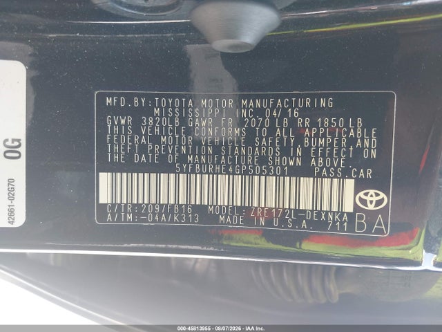Продаж на аукціоні авто 2016 Toyota Corolla Le, vin: 5YFBURHE4GP505301, номер лоту: 45813955