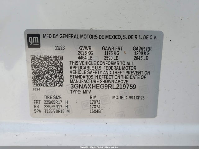 45813961 :رقم المزاد ، 3GNAXHEG9RL219759 vin ، 2024 Chevrolet Equinox Ls مزاد بيع