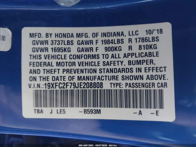 Honda CIVIC EX 2018 19XFC2F79JE208808 Image 9