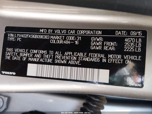 Aukcja sprzedaży 2016 Volvo S60 Inscription T5 Drive-e Premier, vin: LYV402FK9GB098383, numer aukcji: 45814006