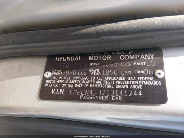 2001 Hyundai Elantra Gls მანქანა იყიდება აუქციონზე, vin: KMHDN45D21U141244, აუქციონის ნომერი: 45814004
