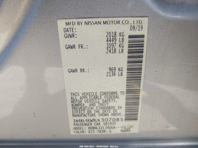 Продажа на аукционе авто 2020 Nissan Altima Sl Intelligent Awd, vin: 1N4BL4EW9LN307085, номер лота: 45814031
