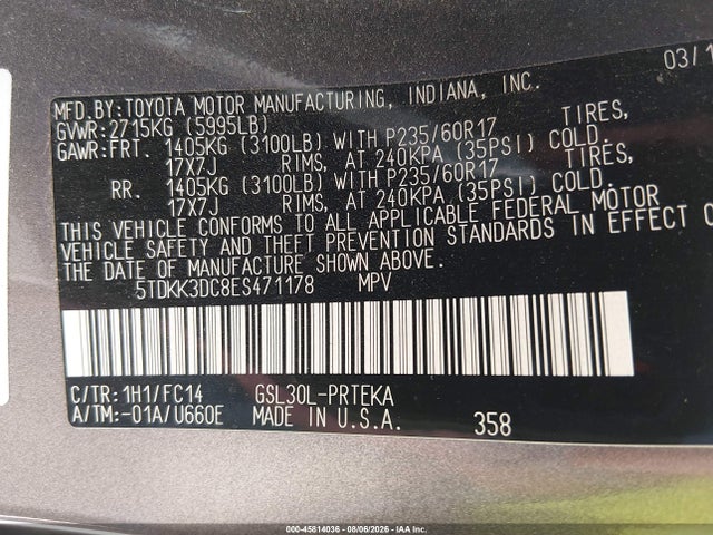 5TDKK3DC8ES471178 Toyota Sienna Le V6 8 Passenger