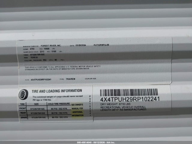 45814040 :رقم المزاد ، 4X4TPUH29RP102241 vin ، 2024 Palomino Other مزاد بيع