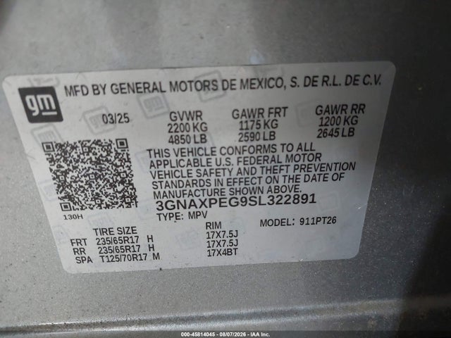 Aukcja sprzedaży 2025 Chevrolet Equinox Awd Lt, vin: 3GNAXPEG9SL322891, numer aukcji: 45814045