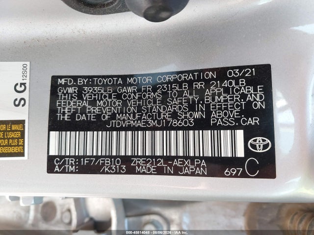 2021 Toyota Corolla Le მანქანა იყიდება აუქციონზე, vin: JTDVPMAE3MJ178603, აუქციონის ნომერი: 45814048