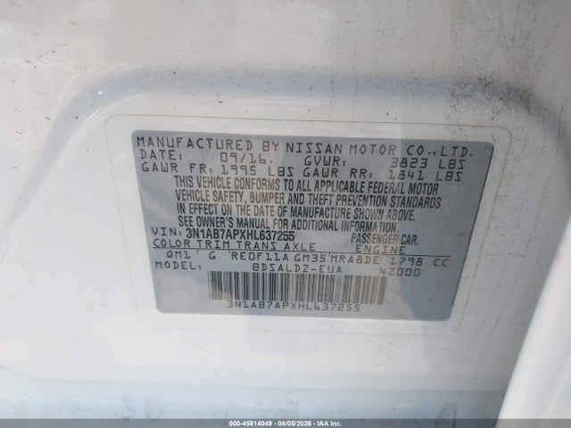 Aukcja sprzedaży 2017 Nissan Sentra S/sl/sr/sv, vin: 3N1AB7APXHL637255, numer aukcji: 45814049