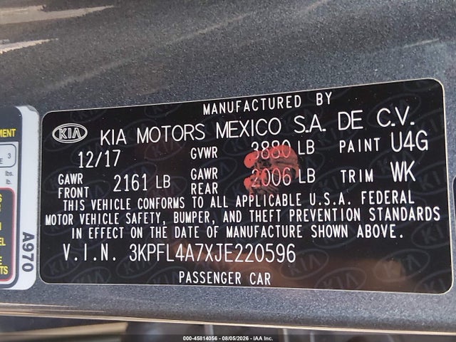 2018 Kia Forte S მანქანა იყიდება აუქციონზე, vin: 3KPFL4A7XJE220596, აუქციონის ნომერი: 45814056