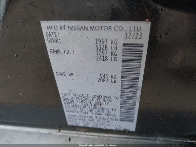 45814063 :رقم المزاد ، 1N4BL4EV4RN366786 vin ، 2024 Nissan Altima Sl Fwd مزاد بيع