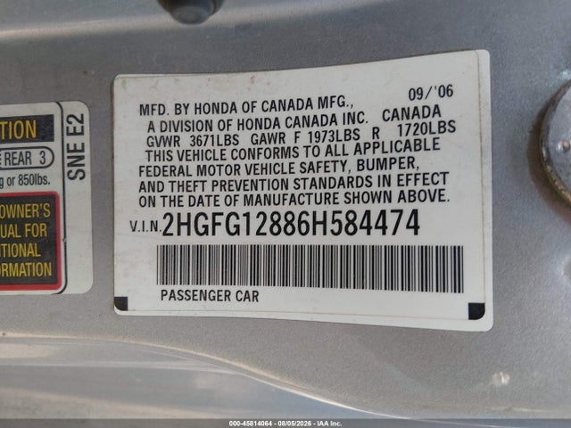 2006 Honda Civic Ex მანქანა იყიდება აუქციონზე, vin: 2HGFG12886H584474, აუქციონის ნომერი: 45814064
