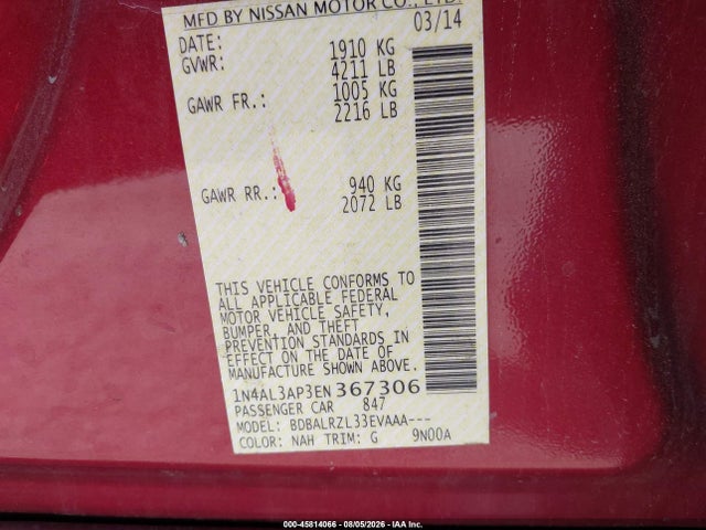 45814066 :رقم المزاد ، 1N4AL3AP3EN367306 vin ، 2014 Nissan Altima 2.5 S مزاد بيع