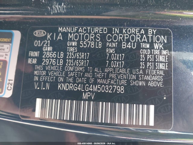 45814068 :رقم المزاد ، KNDRG4LG4M5032798 vin ، 2021 Kia Sorento Hybrid S مزاد بيع