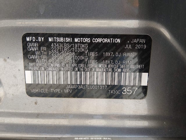 45814070 :رقم المزاد ، JA4AP3AU7LU001317 vin ، 2020 Mitsubishi Outlander Sport 2.0 Es مزاد بيع