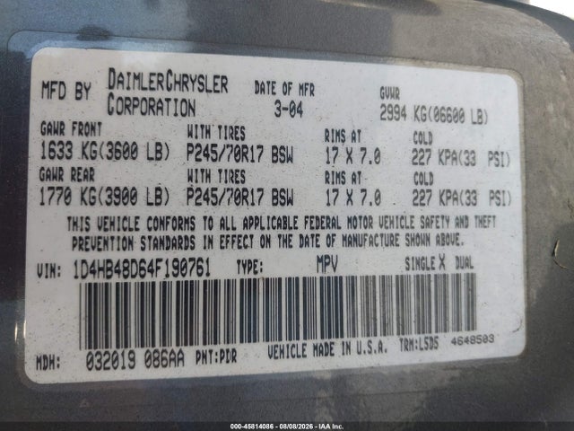 Продажа на аукционе авто 2004 Dodge Durango Slt, vin: 1D4HB48D64F190761, номер лота: 45814086