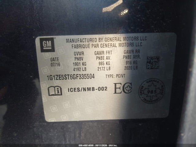 45814089 :رقم المزاد ، 1G1ZE5ST6GF335504 vin ، 2016 Chevrolet Malibu 1lt مزاد بيع