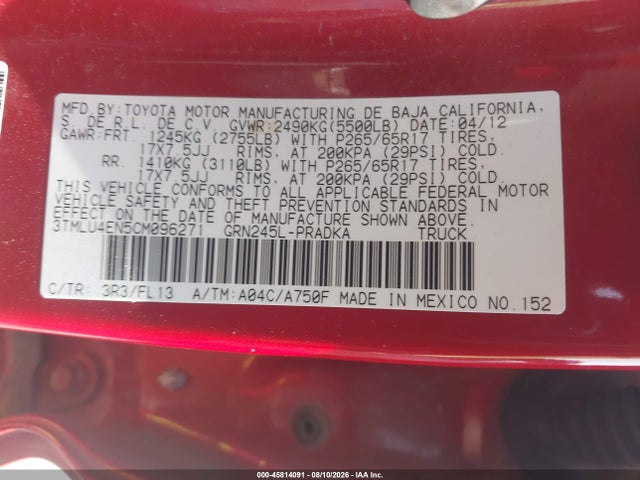 Продаж на аукціоні авто 2012 Toyota Tacoma Base V6, vin: 3TMLU4EN5CM096271, номер лоту: 45814091