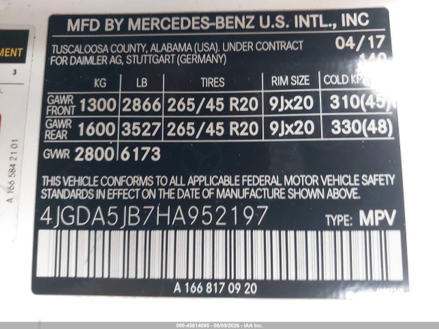 45814095 :رقم المزاد ، 4JGDA5JB7HA952197 vin ، 2017 Mercedes-benz Gle 350 مزاد بيع