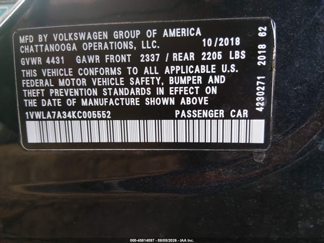 Продажа на аукционе авто 2019 Volkswagen Passat 2.0t Wolfsburg Edition, vin: 1VWLA7A34KC005552, номер лота: 45814097