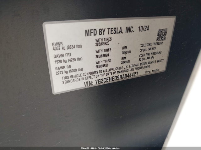Aukcja sprzedaży 2024 Tesla Cybertruck All-wheel Drive, vin: 7G2CEHED9RA044421, numer aukcji: 45814103